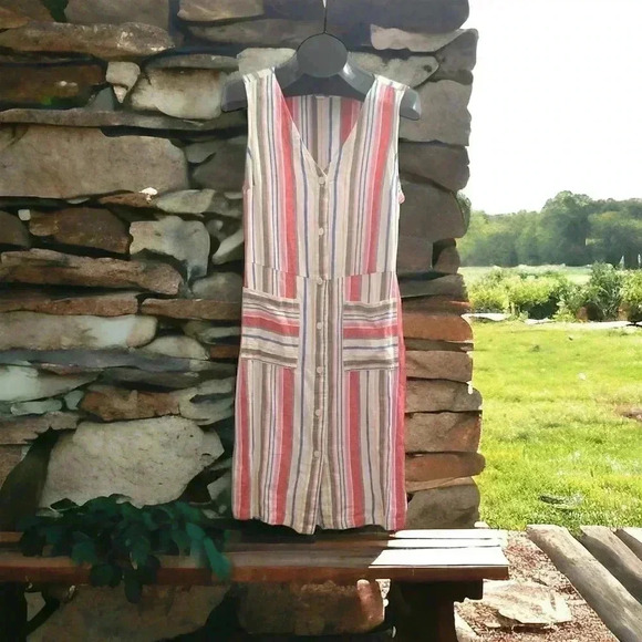 Old Navy Women's Size M Striped Sleevelesss Linen Blend Midi Shirtdress Pockets - Picture 6 of 6